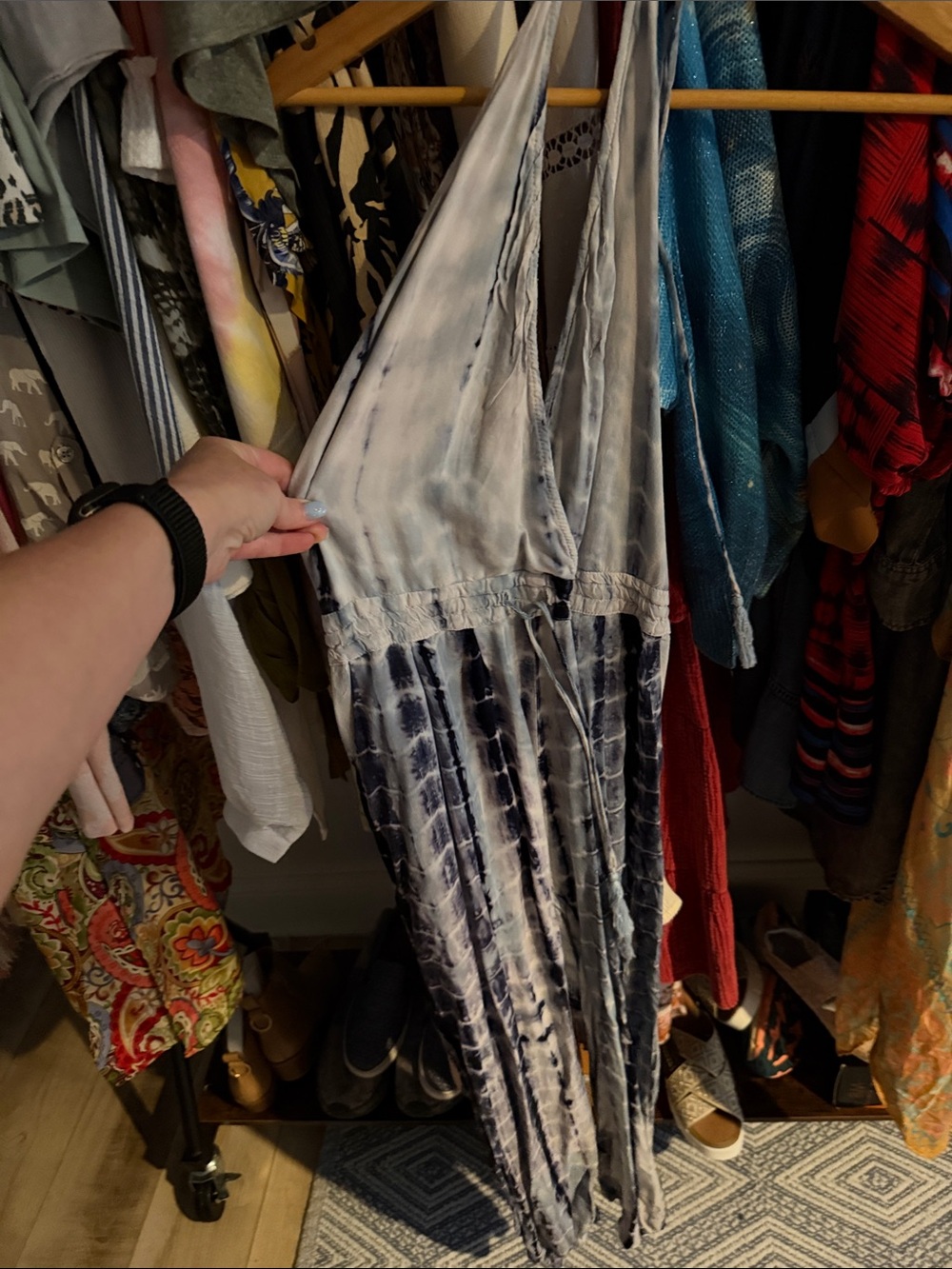 Olivaceous Blue & White Tie-Dye Cropped Jumpsuit